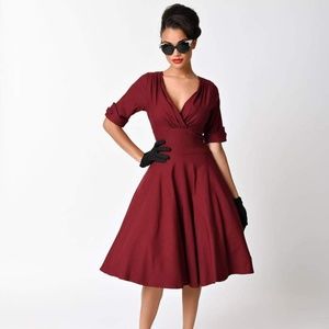 1950s Burgundy Red Delores Swing Dress Sleeves